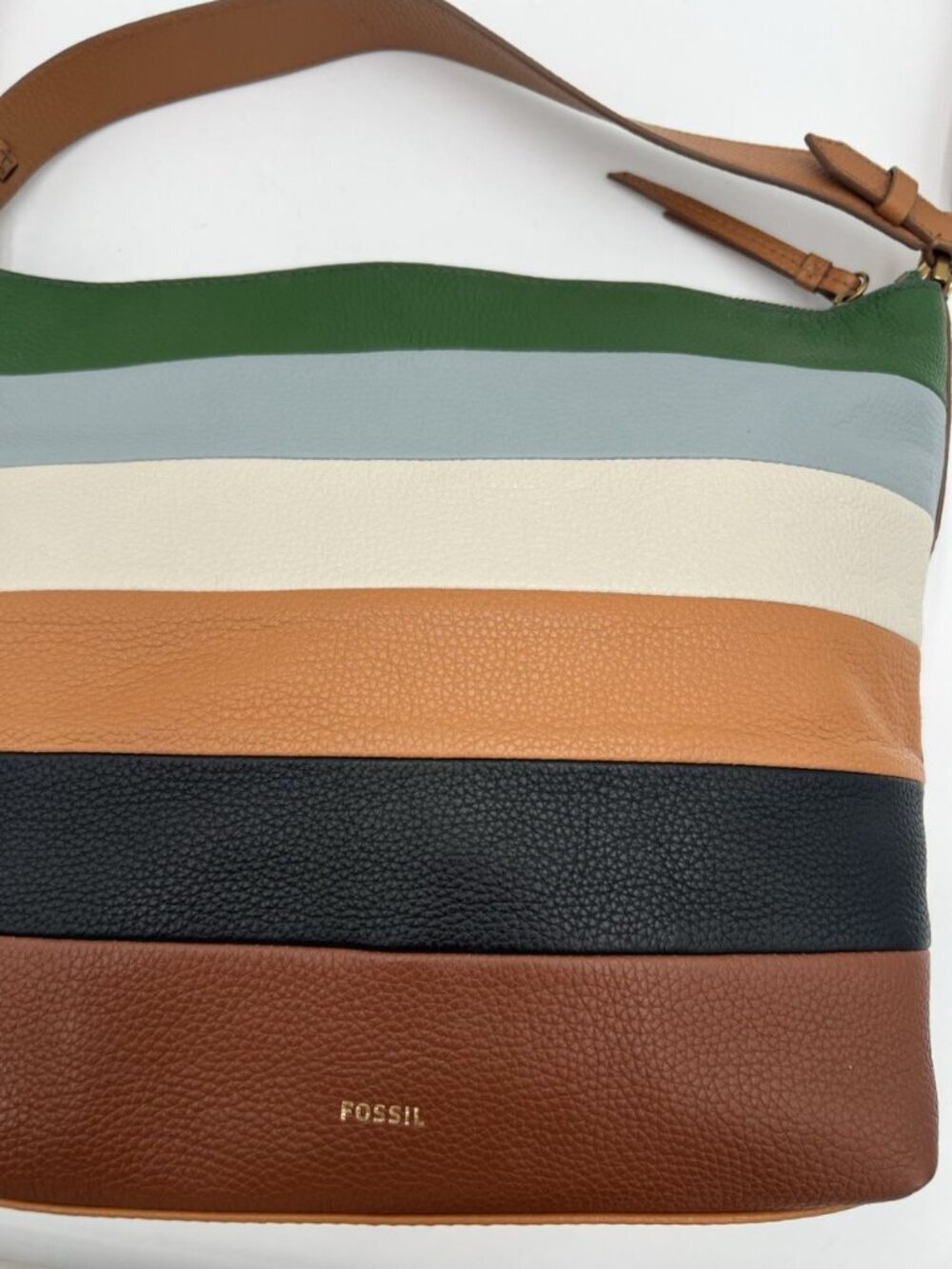Fossil Julianna Hobo Bag Leather Colorblock Strip Shoulder Purse Key Charm EUC - Picture 2 of 16